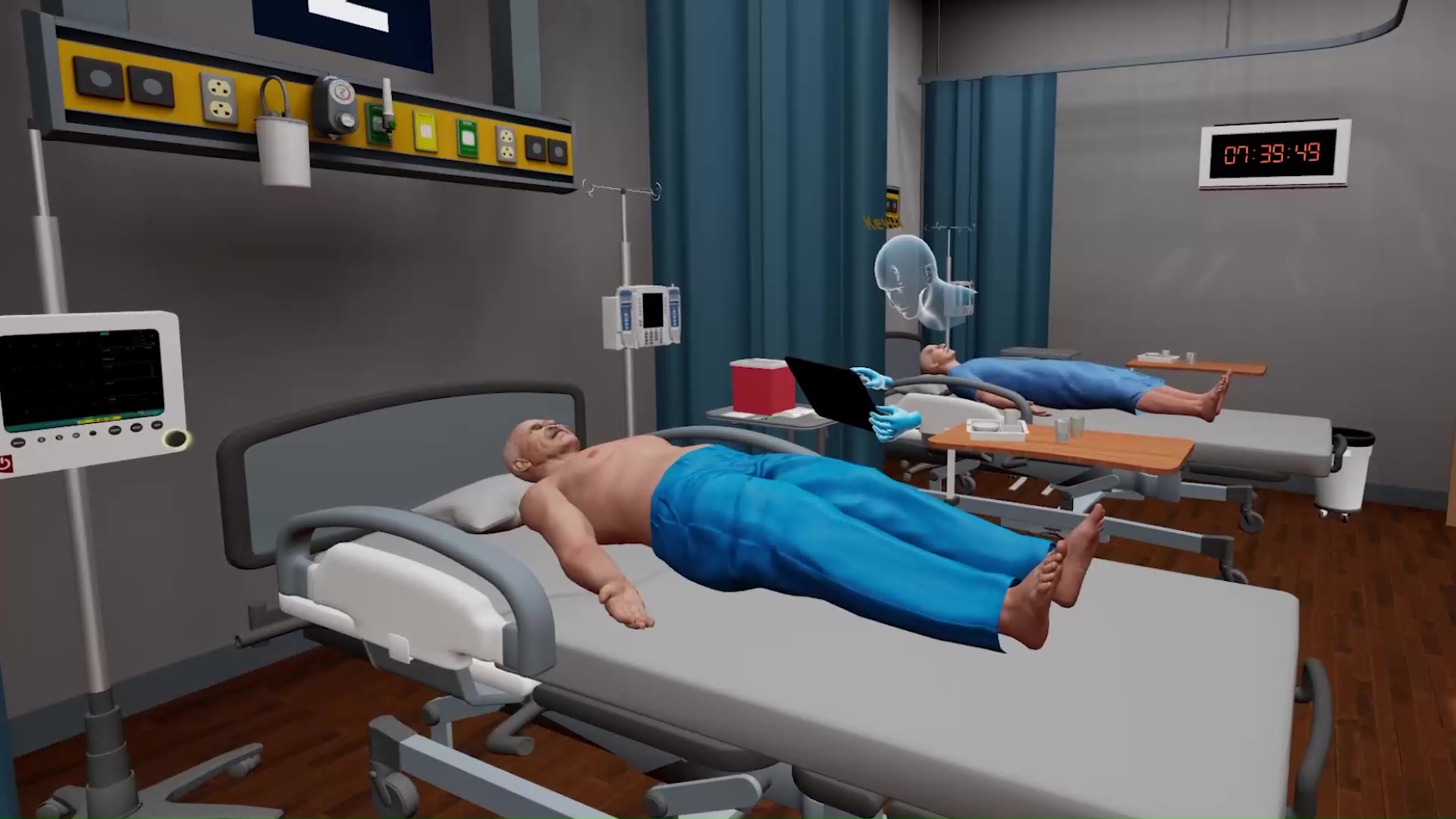 Nursing virtual reality training for multi-patient care with VR simulation technology showcasing patients and medical equipment in a hospital setting.